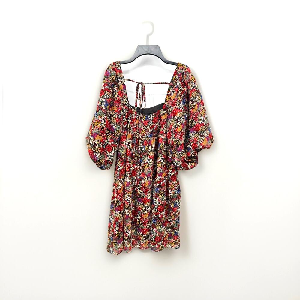 Nasty Gal Floral Mini Smock Dress Puff Sleeve Square Neck US Size 4 NWT